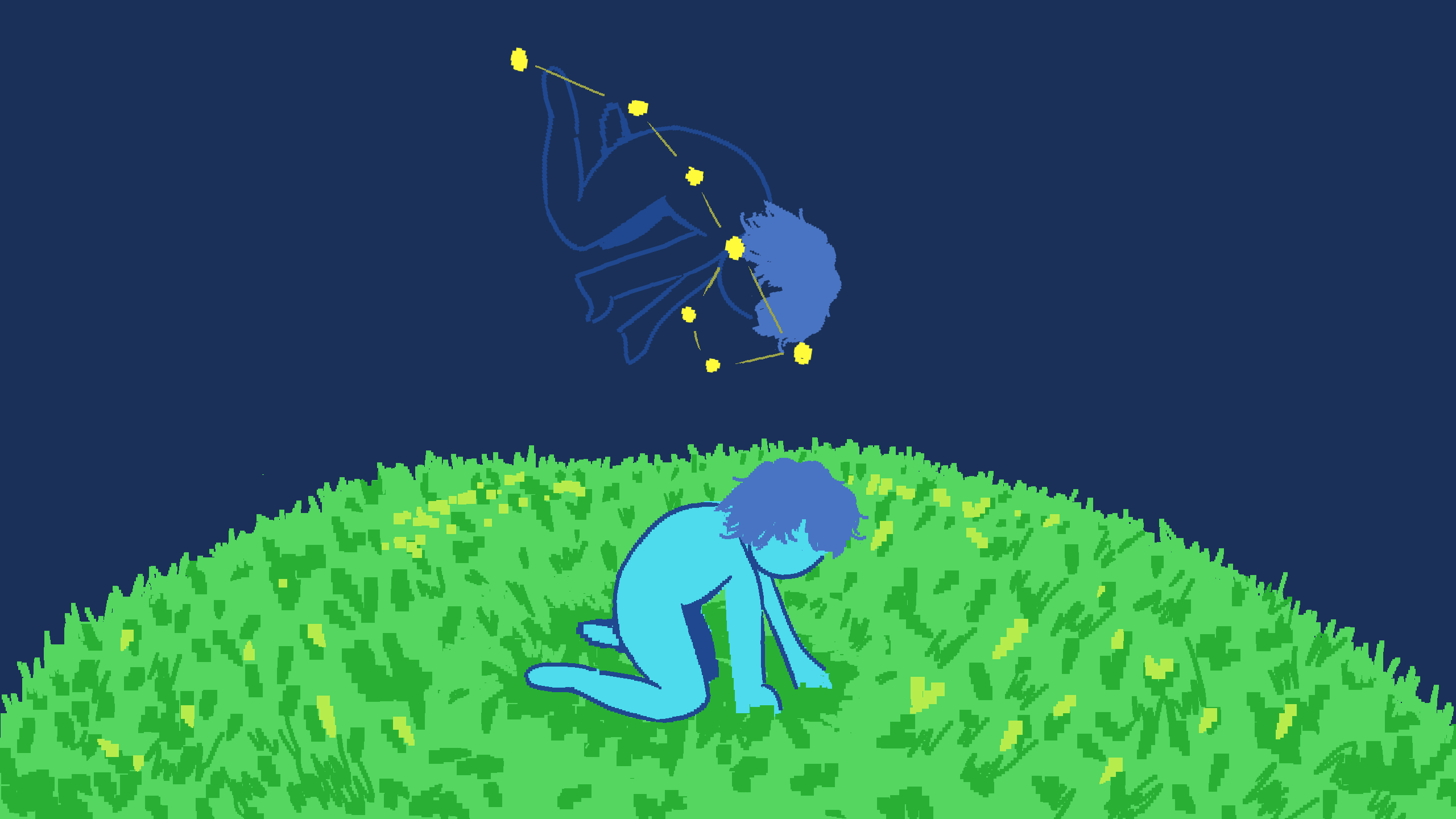 Illustration of a blue person hunched over on a hill at night. In the sky the big dipper constellation and the person's outline are falling downwards. Also a link to youtube for the song: 'i think some stardust fell in my eye